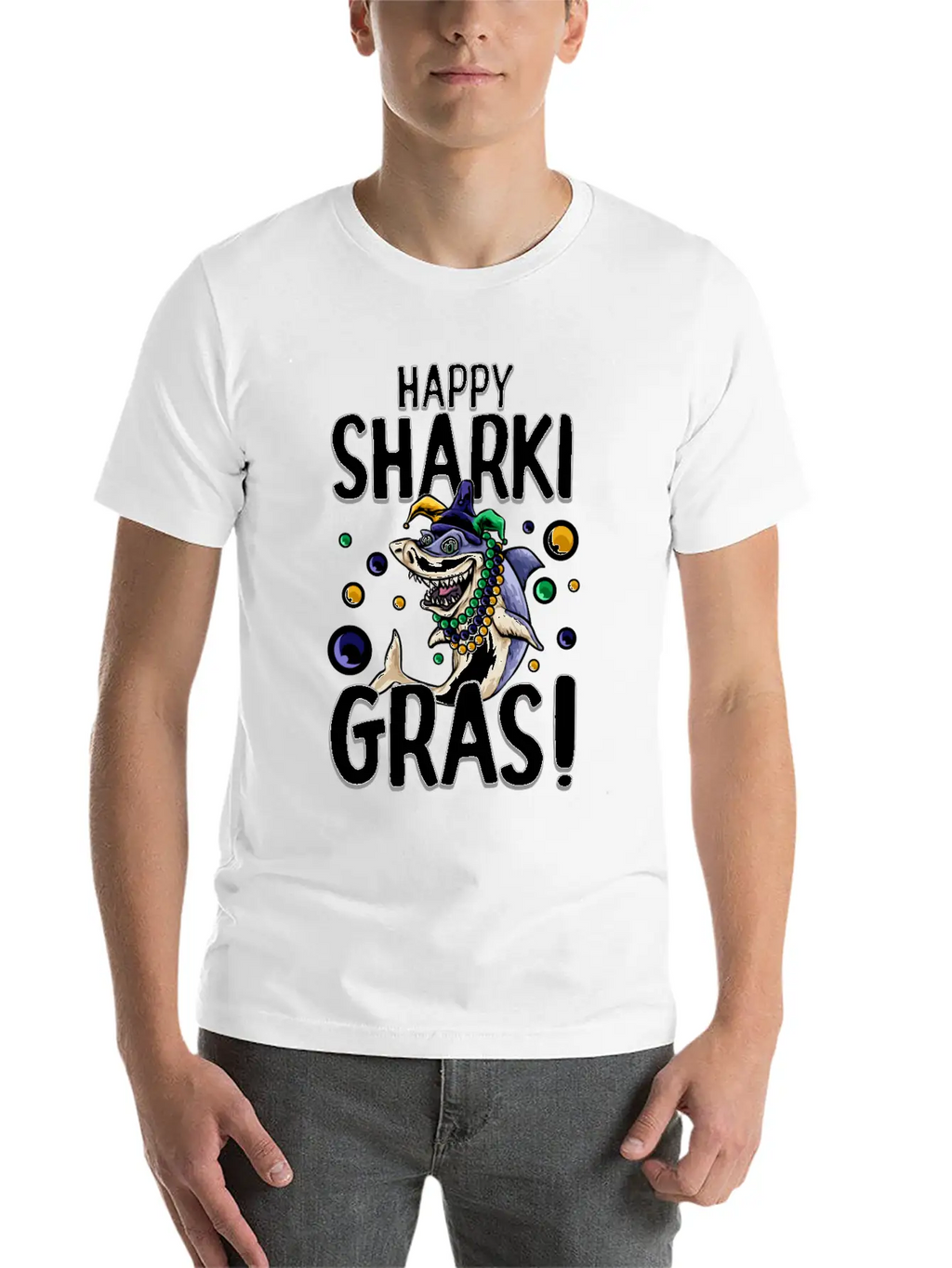 Happy Sharki Gras Unisex Short Sleeve Soft Cotton T-Shirt – Casual Everyday Wear