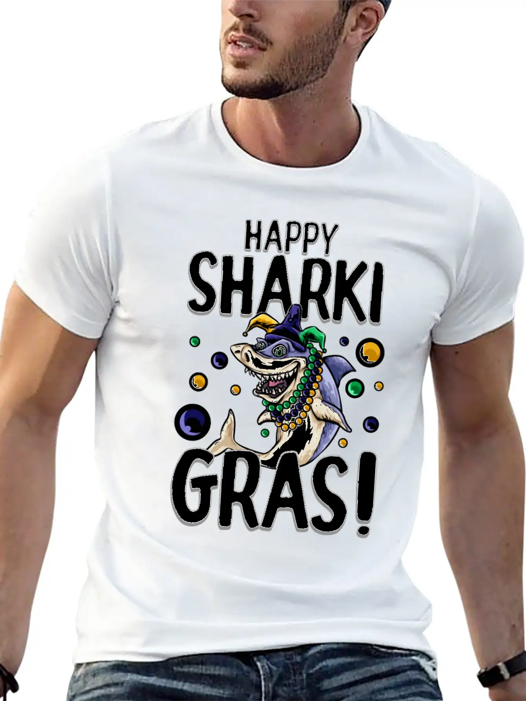 Happy Sharki Gras Unisex Short Sleeve Soft Cotton T-Shirt – Casual Everyday Wear