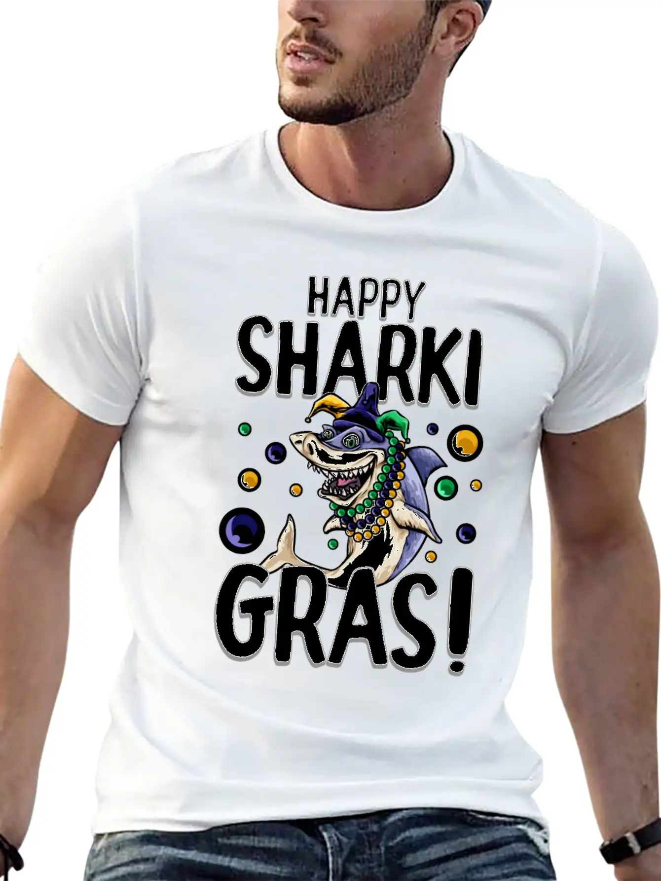 Happy Sharki Gras Unisex Short Sleeve Soft Cotton T-Shirt – Casual Everyday Wear