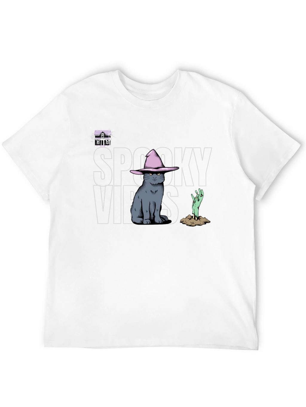 Spooky Vibes T-Shirt: Cat in Witch Hat Zombie Hand