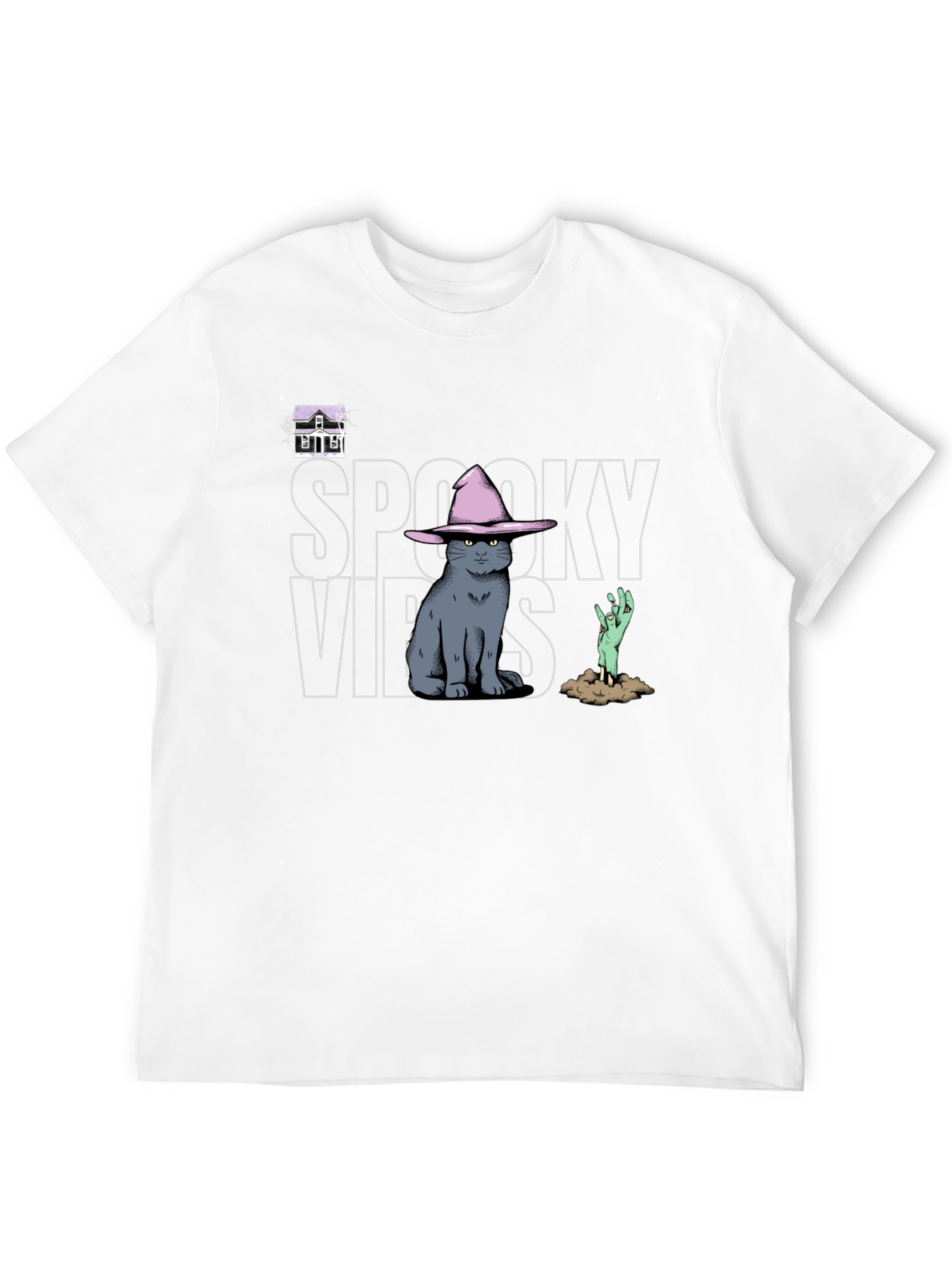 Spooky Vibes T-Shirt: Cat in Witch Hat Zombie Hand