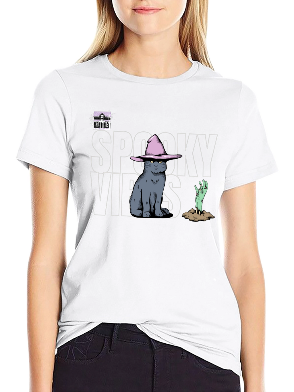 Spooky Vibes T-Shirt: Cat in Witch Hat Zombie Hand