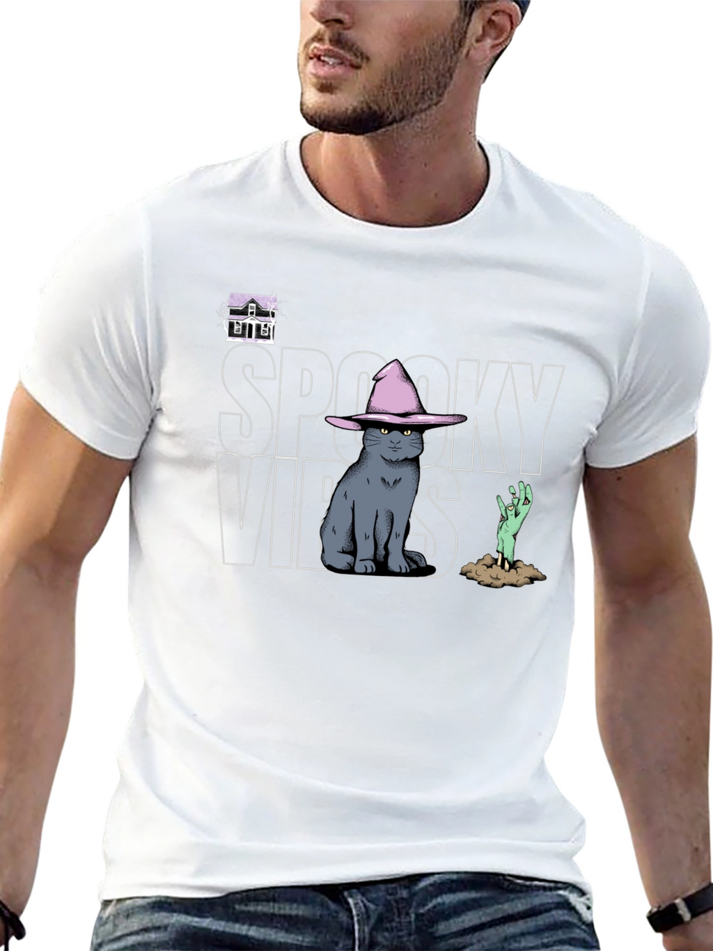 Spooky Vibes T-Shirt: Cat in Witch Hat Zombie Hand