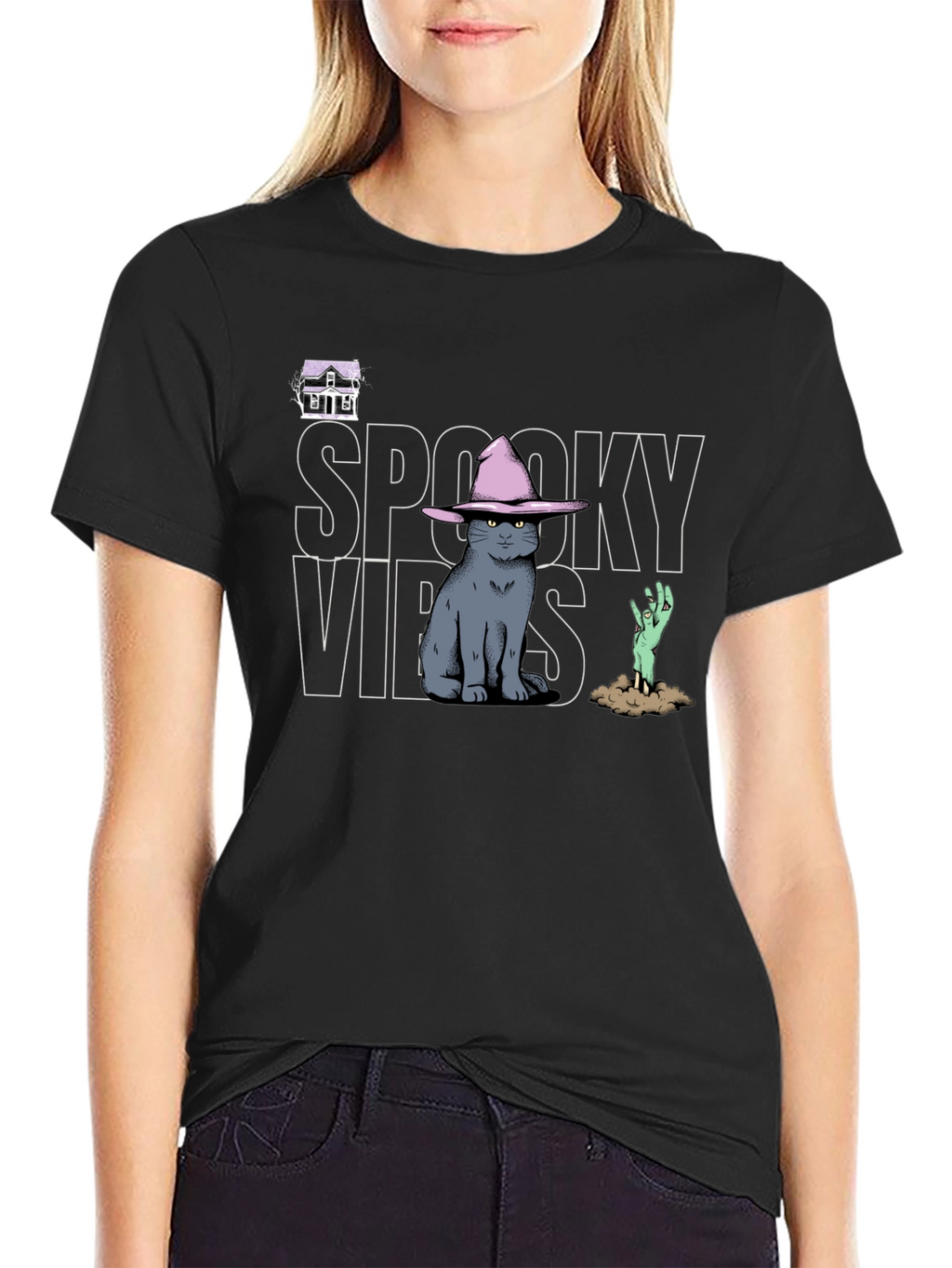 Spooky Vibes T-Shirt: Cat in Witch Hat Zombie Hand