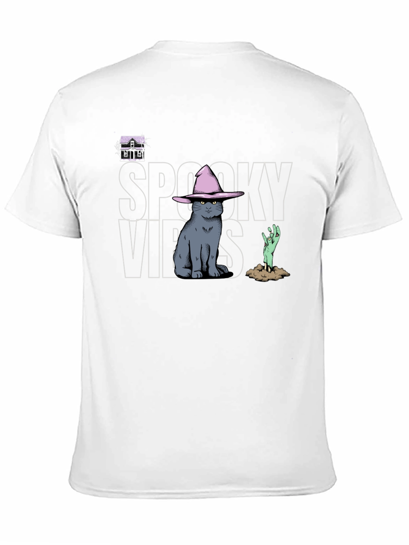 Spooky Vibes T-Shirt: Cat in Witch Hat Zombie Hand