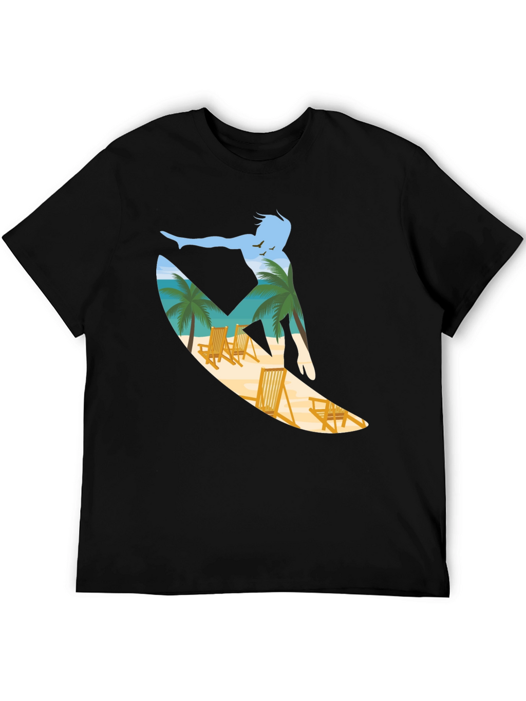 Surfer Beach Scene Graphic Tee - Black