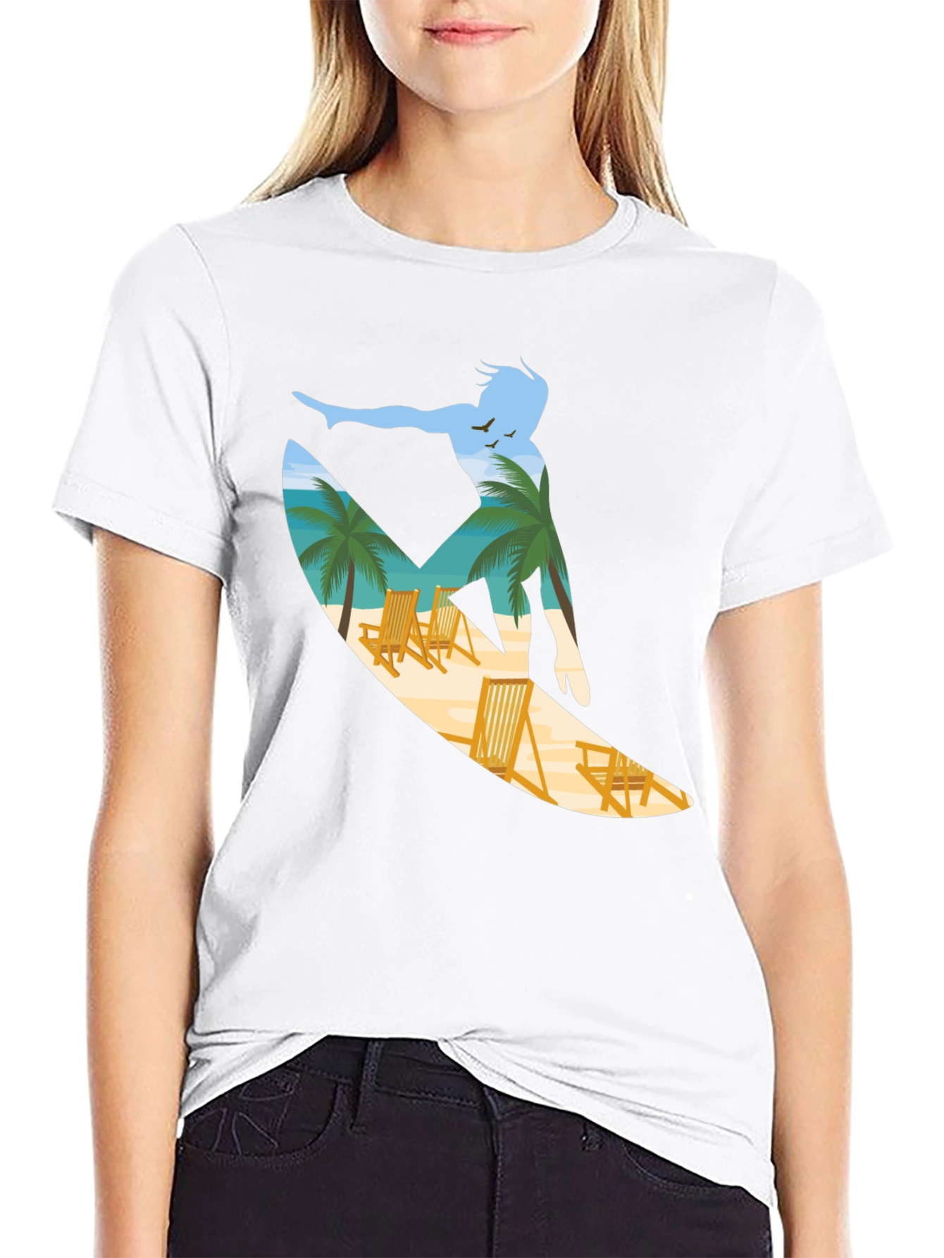 Surfer Beach Scene Graphic Tee - Black