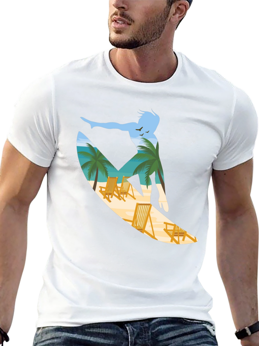 Surfer Beach Scene Graphic Tee - Black