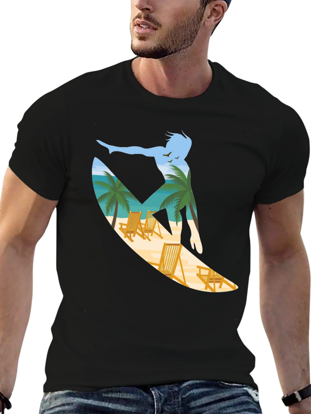 Surfer Beach Scene Graphic Tee - Black