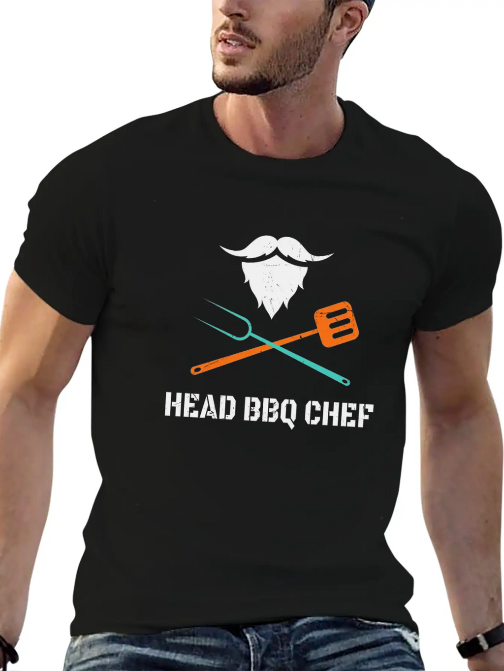 Head BBQ Chef With Beard Grilling Men's Fun Stylish Everyday T-Shirt – Unisex Basic Cotton Tee