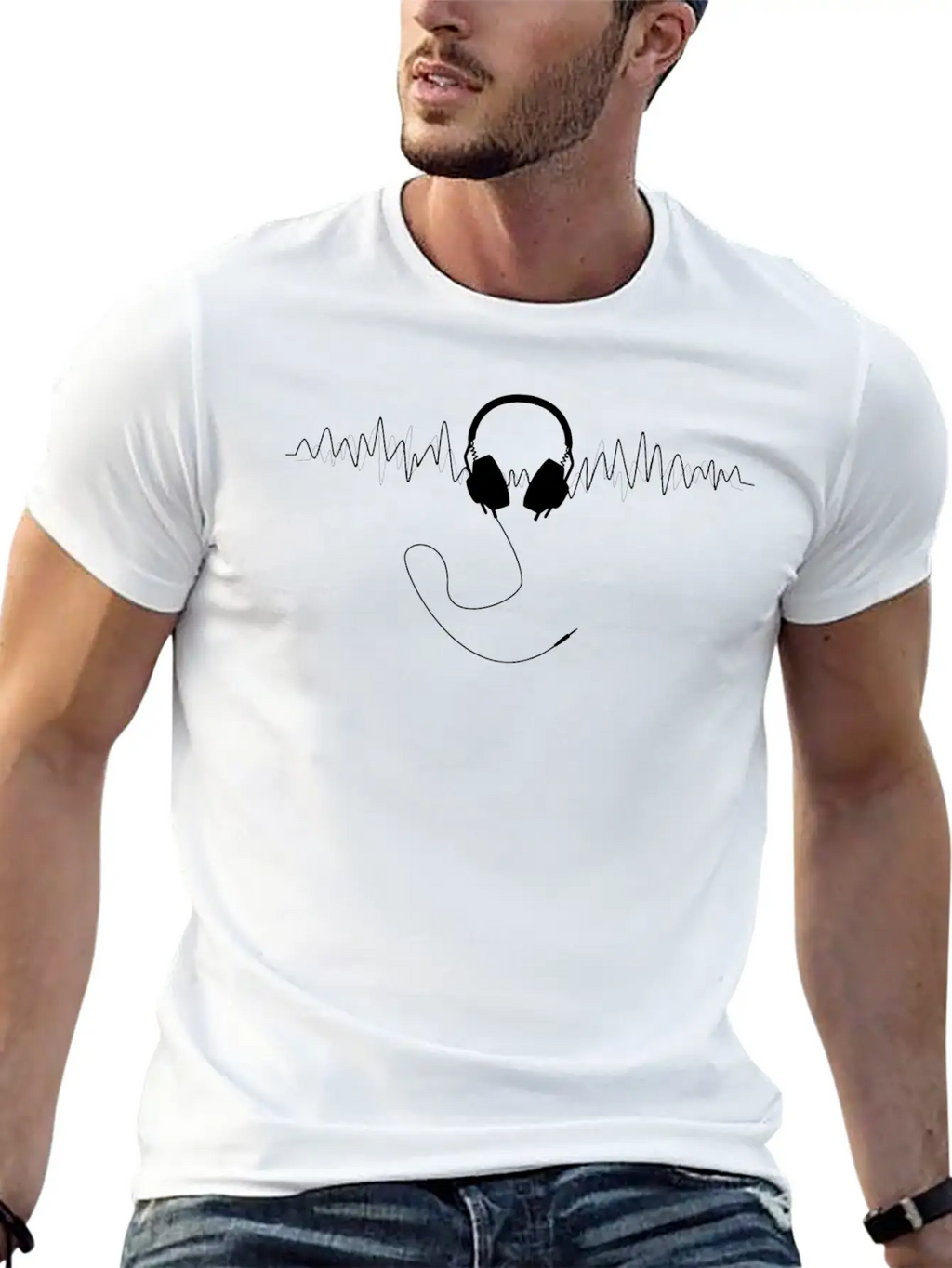 Headphones With Soundwaves Visual In White Unisex Casual T-Shirt – Clean Design For Daily Comfort