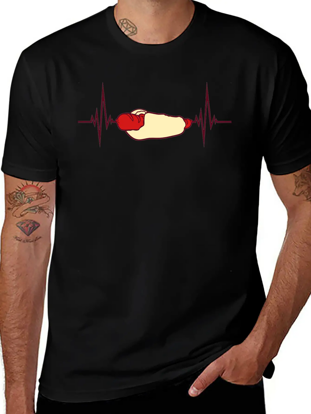 Heartbeat Hot Dog Pulse Frequency Bratwurst Bun Stylish Everyday T-Shirt – Unisex Basic Cotton Tee