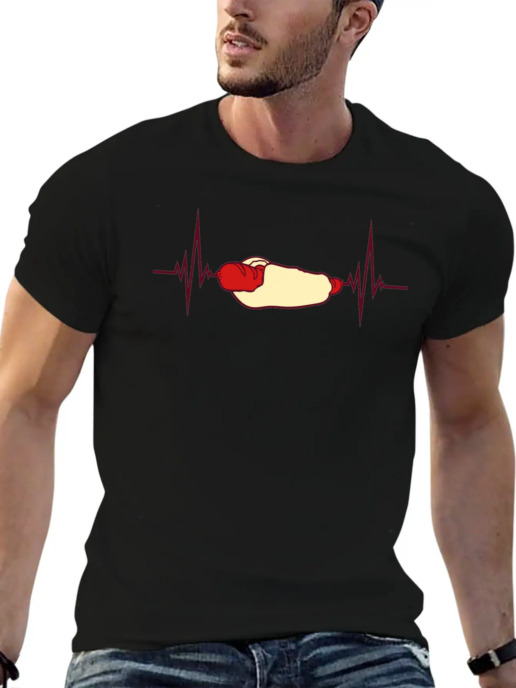 Heartbeat Hot Dog Pulse Frequency Bratwurst Bun Stylish Everyday T-Shirt – Unisex Basic Cotton Tee