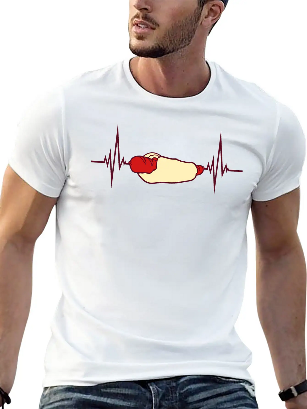 Heartbeat Hot Dog Pulse Frequency Bratwurst Bun Stylish Everyday T-Shirt – Unisex Basic Cotton Tee