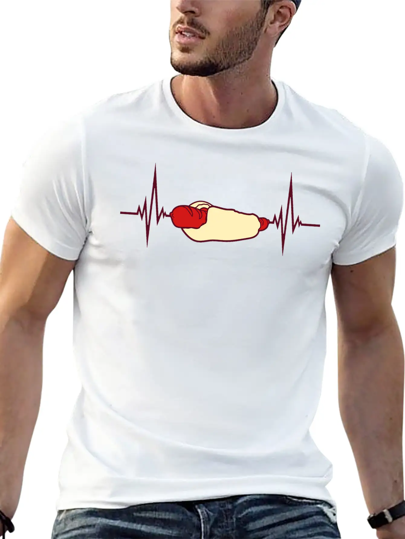 Heartbeat Hot Dog Pulse Frequency Bratwurst Bun Stylish Everyday T-Shirt – Unisex Basic Cotton Tee