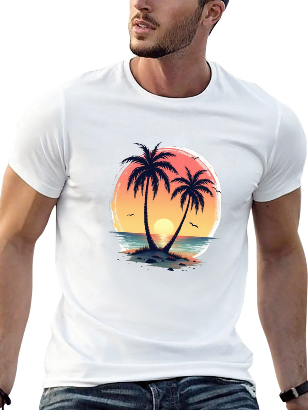 Tropical Sunset Palm Tree Graphic T-Shirt