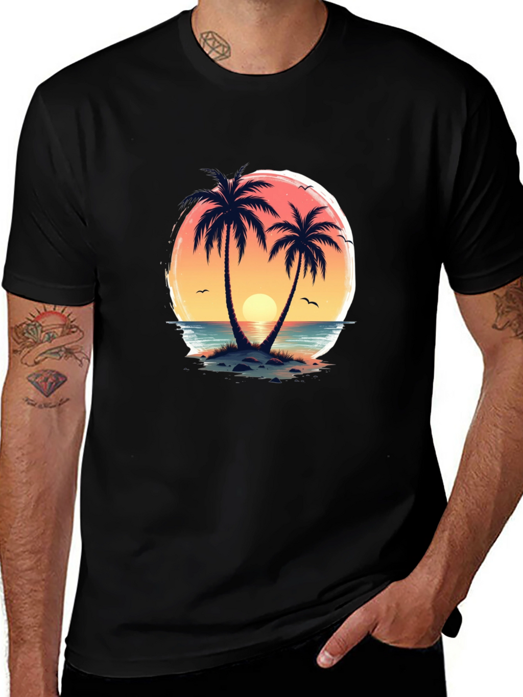 Tropical Sunset Palm Tree Graphic T-Shirt