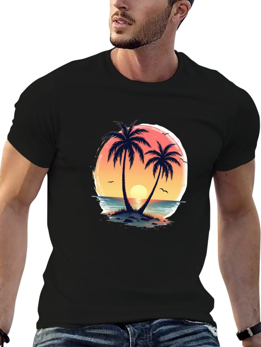 Tropical Sunset Palm Tree Graphic T-Shirt