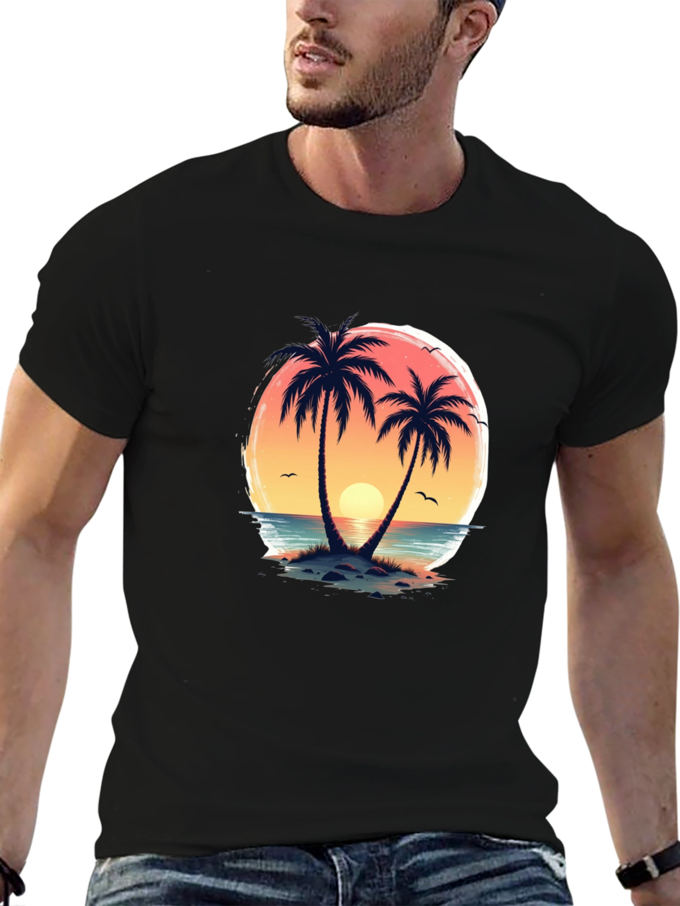 Tropical Sunset Palm Tree Graphic T-Shirt