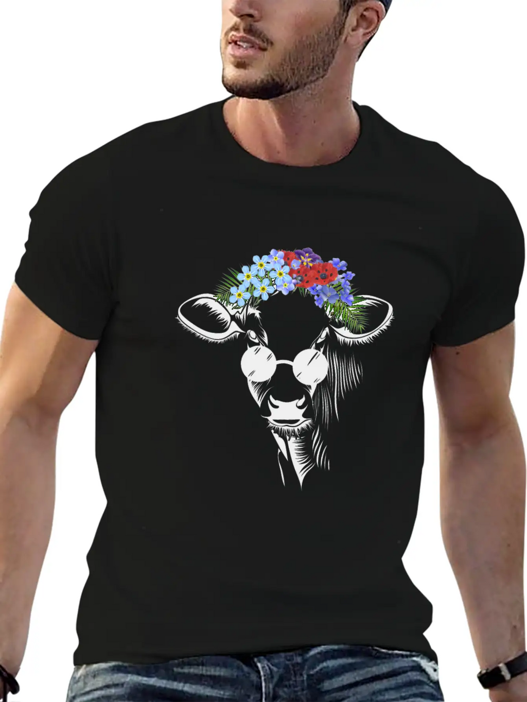 Hippie Cow Flower Unisex Short Sleeve Soft Cotton T-Shirt – Casual Everyday Wear