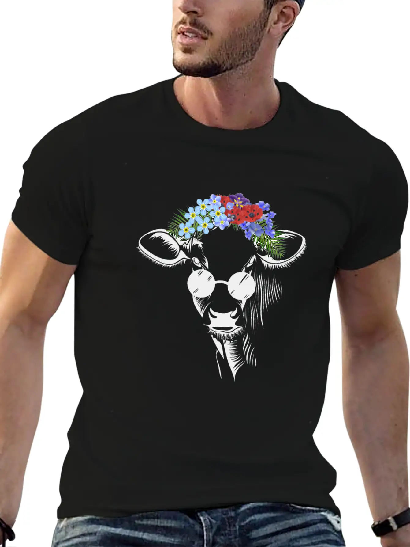 Hippie Cow Flower Unisex Short Sleeve Soft Cotton T-Shirt – Casual Everyday Wear
