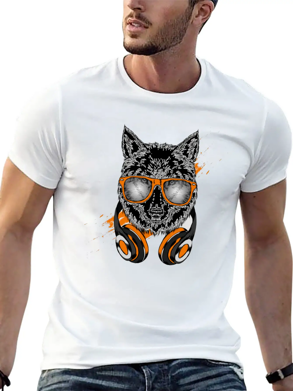 Hipster Wolf With Headphones Casual Graphic T-Shirt – Simple And Comfortable Daily Wear