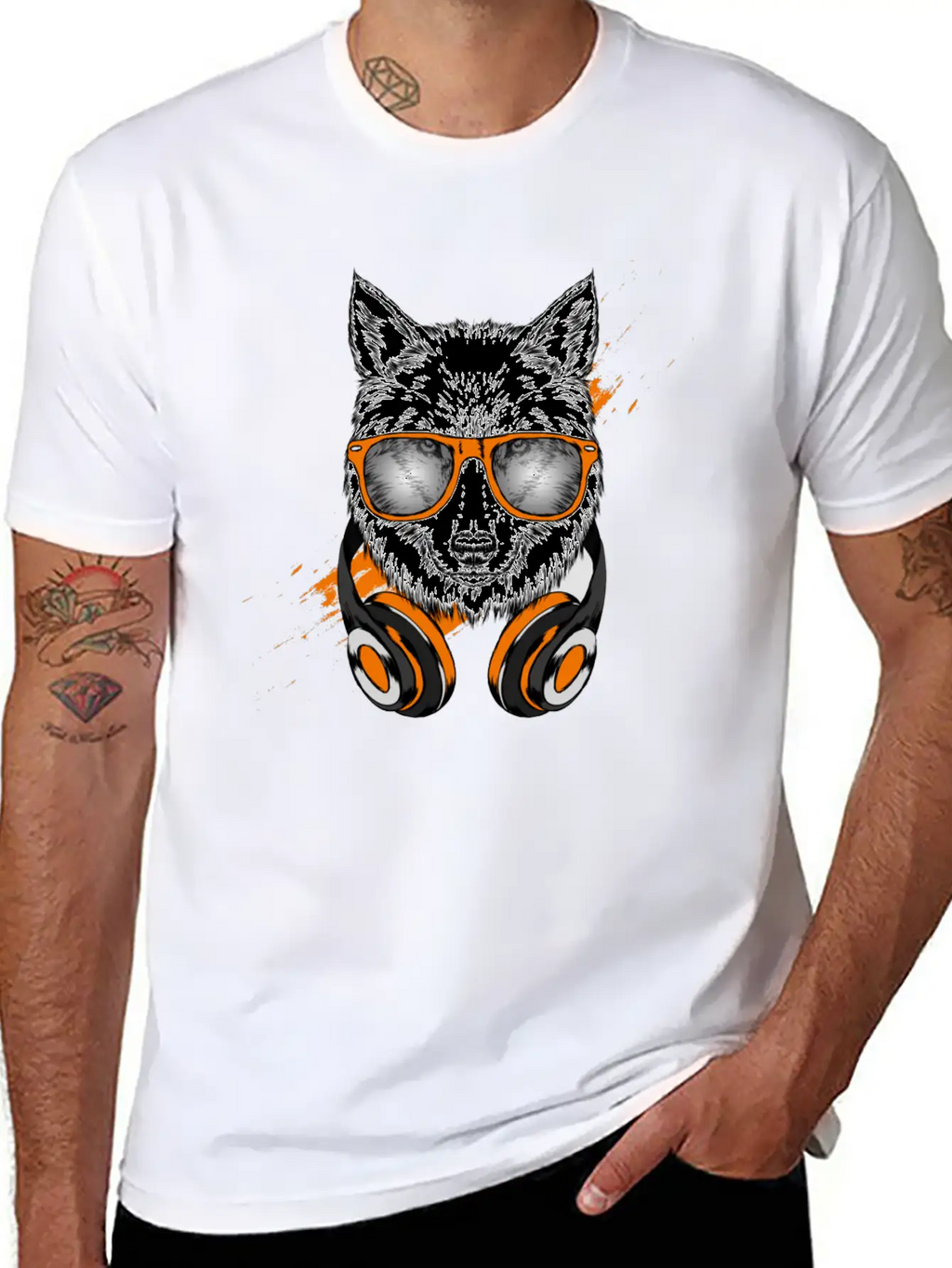 Hipster Wolf With Headphones Casual Graphic T-Shirt – Simple And Comfortable Daily Wear