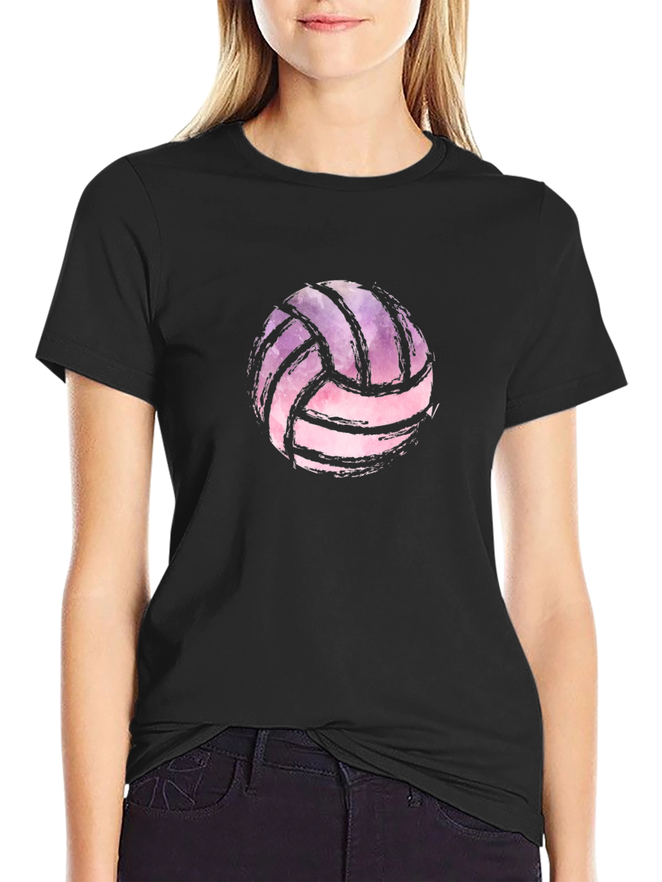 Watercolor Volleyball Graphic Black T-Shirt