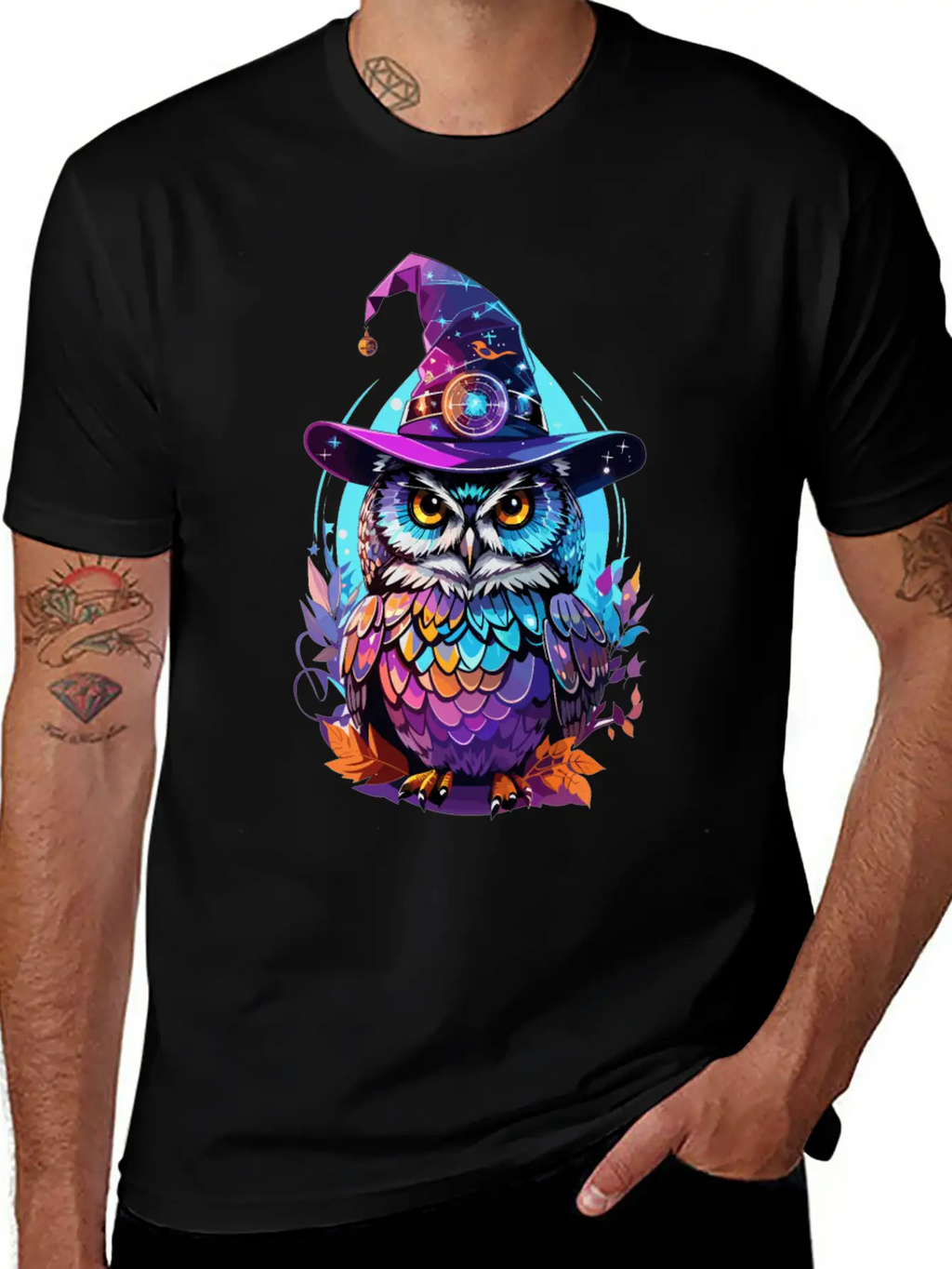 Holographic Owl In Witch Hat Funny Halloween Gift Stylish Everyday T-Shirt – Unisex Basic Cotton Tee