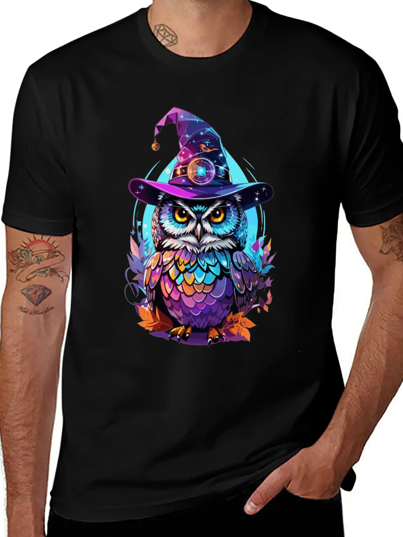 Holographic Owl In Witch Hat Funny Halloween Gift Stylish Everyday T-Shirt – Unisex Basic Cotton Tee