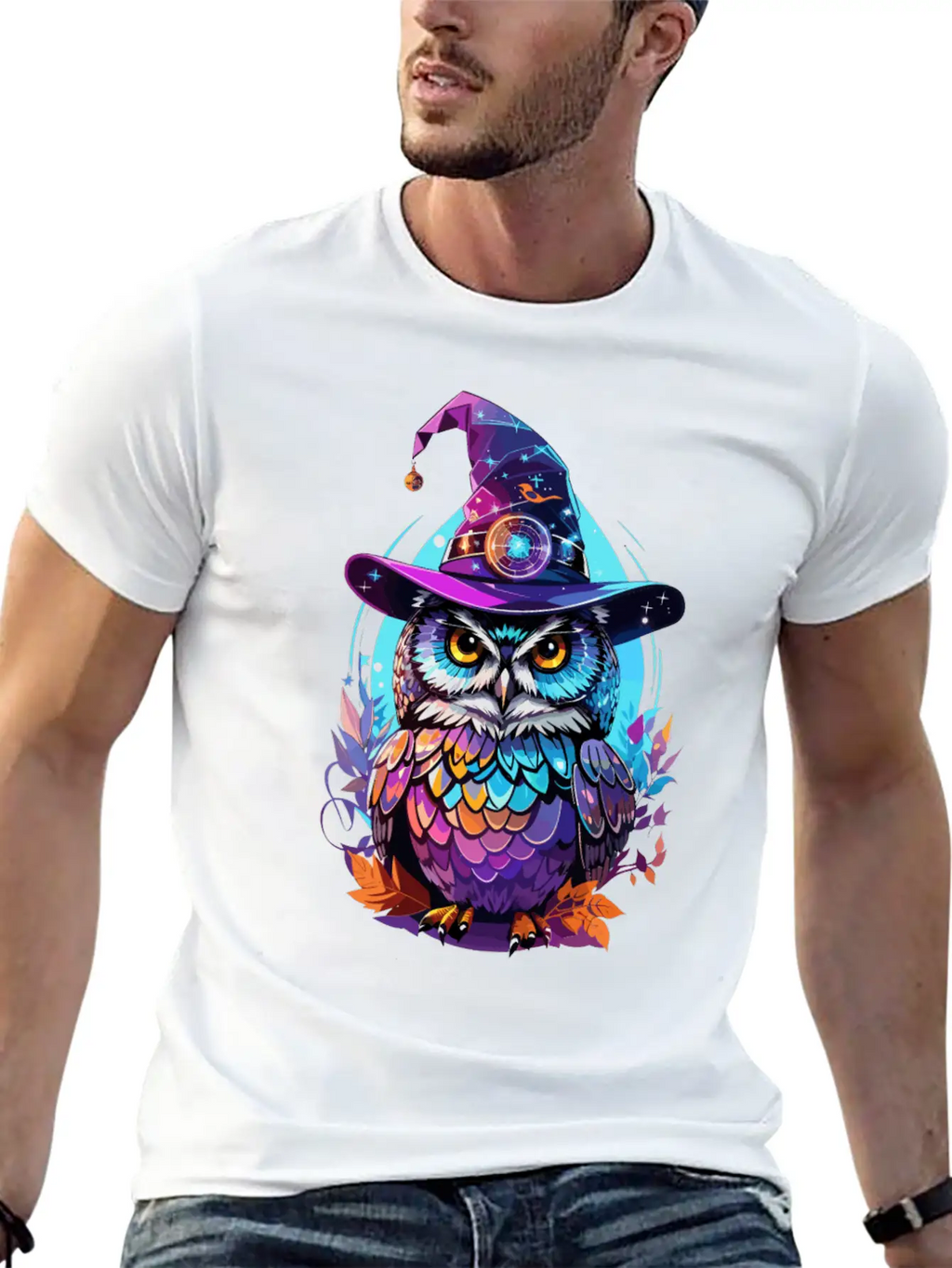 Holographic Owl In Witch Hat Funny Halloween Gift Stylish Everyday T-Shirt – Unisex Basic Cotton Tee