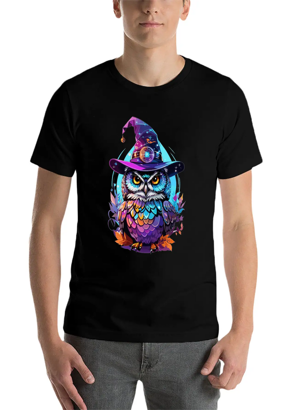 Holographic Owl In Witch Hat Funny Halloween Gift Stylish Everyday T-Shirt – Unisex Basic Cotton Tee