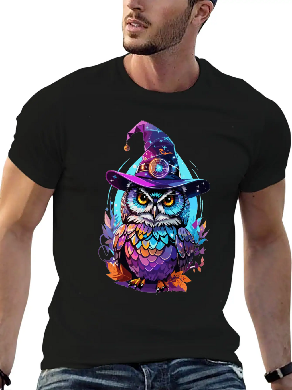 Holographic Owl In Witch Hat Funny Halloween Gift Stylish Everyday T-Shirt – Unisex Basic Cotton Tee