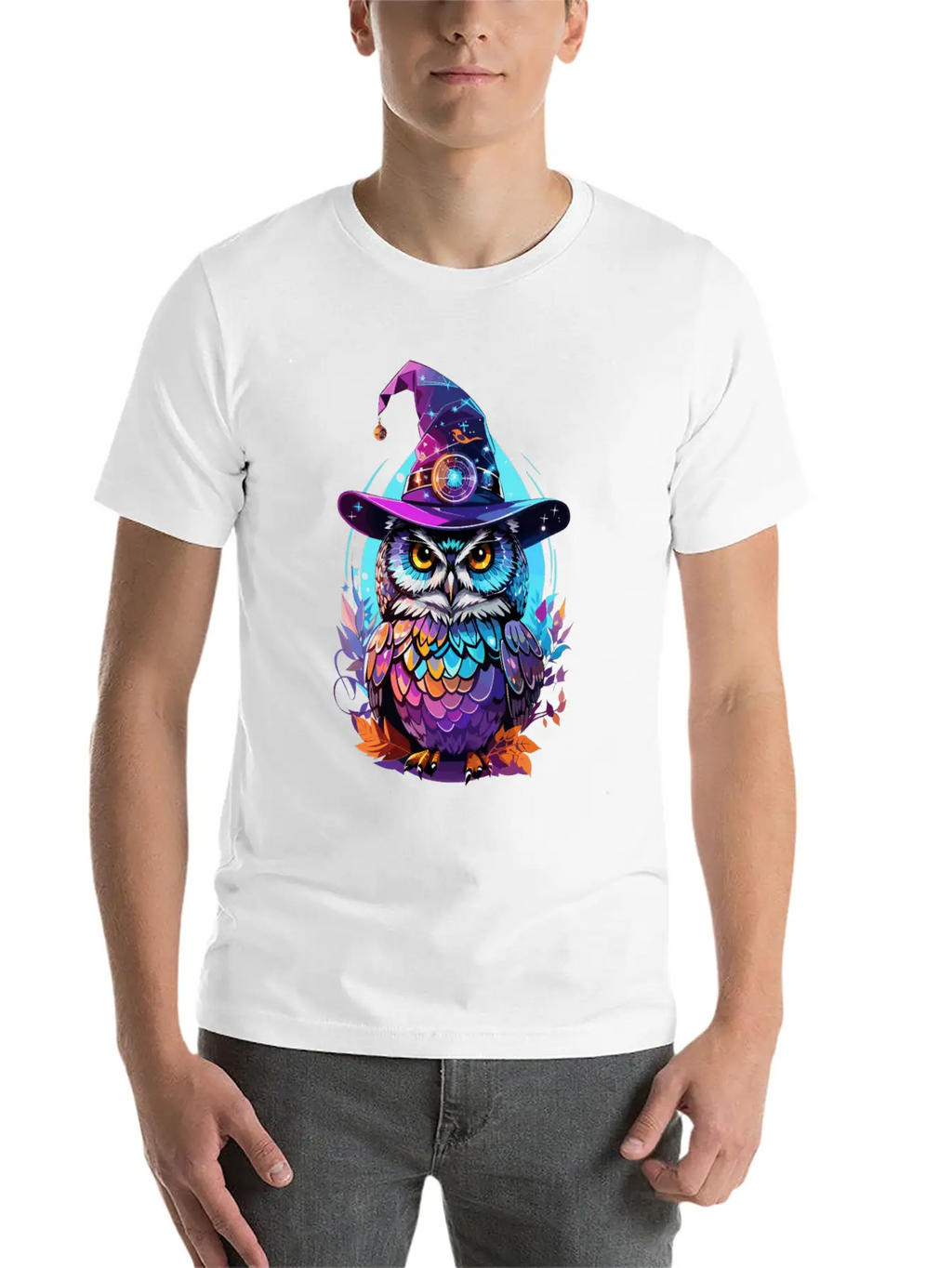 Holographic Owl In Witch Hat Funny Halloween Gift Stylish Everyday T-Shirt – Unisex Basic Cotton Tee