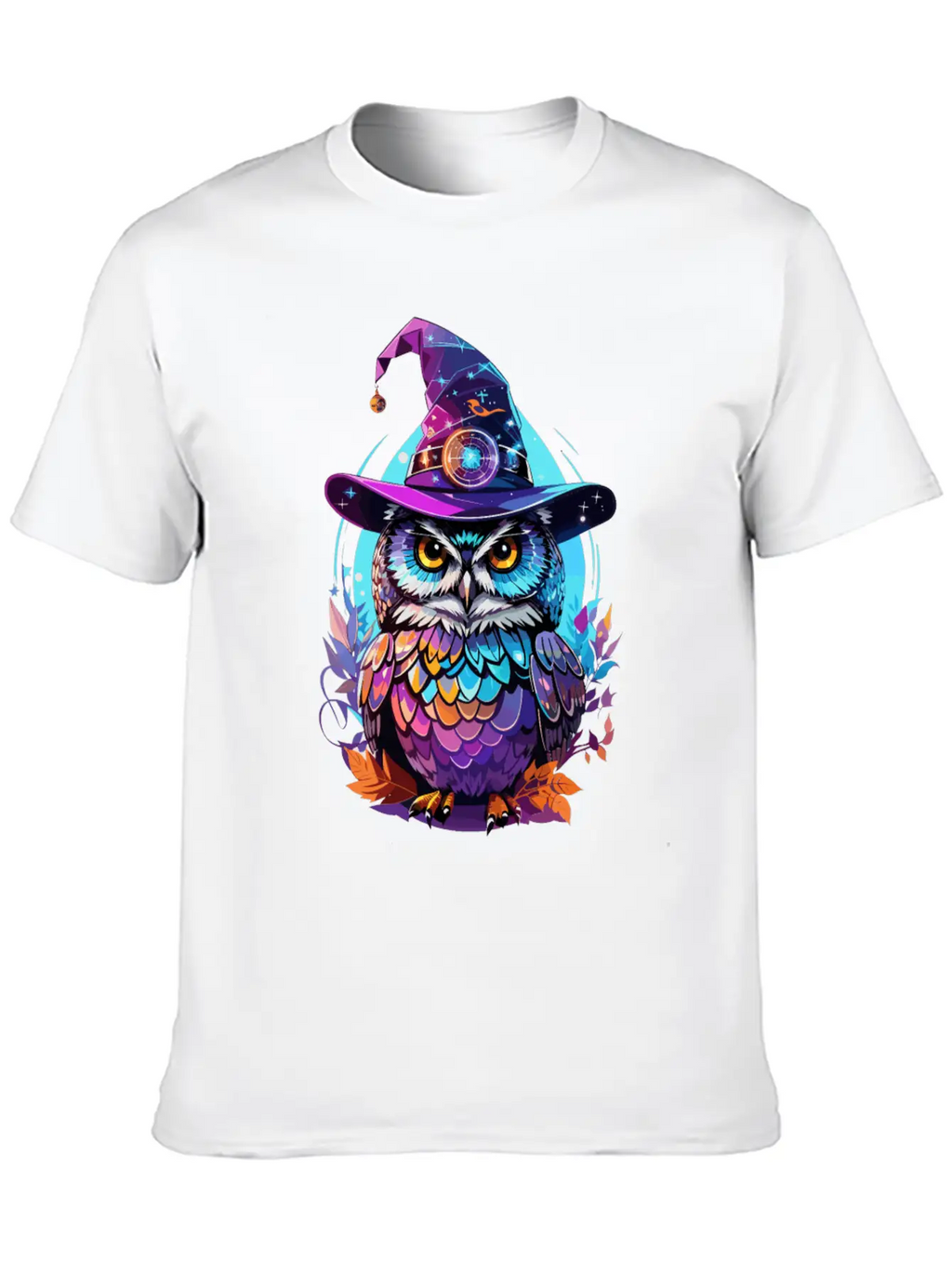Holographic Owl In Witch Hat Funny Halloween Gift Stylish Everyday T-Shirt – Unisex Basic Cotton Tee