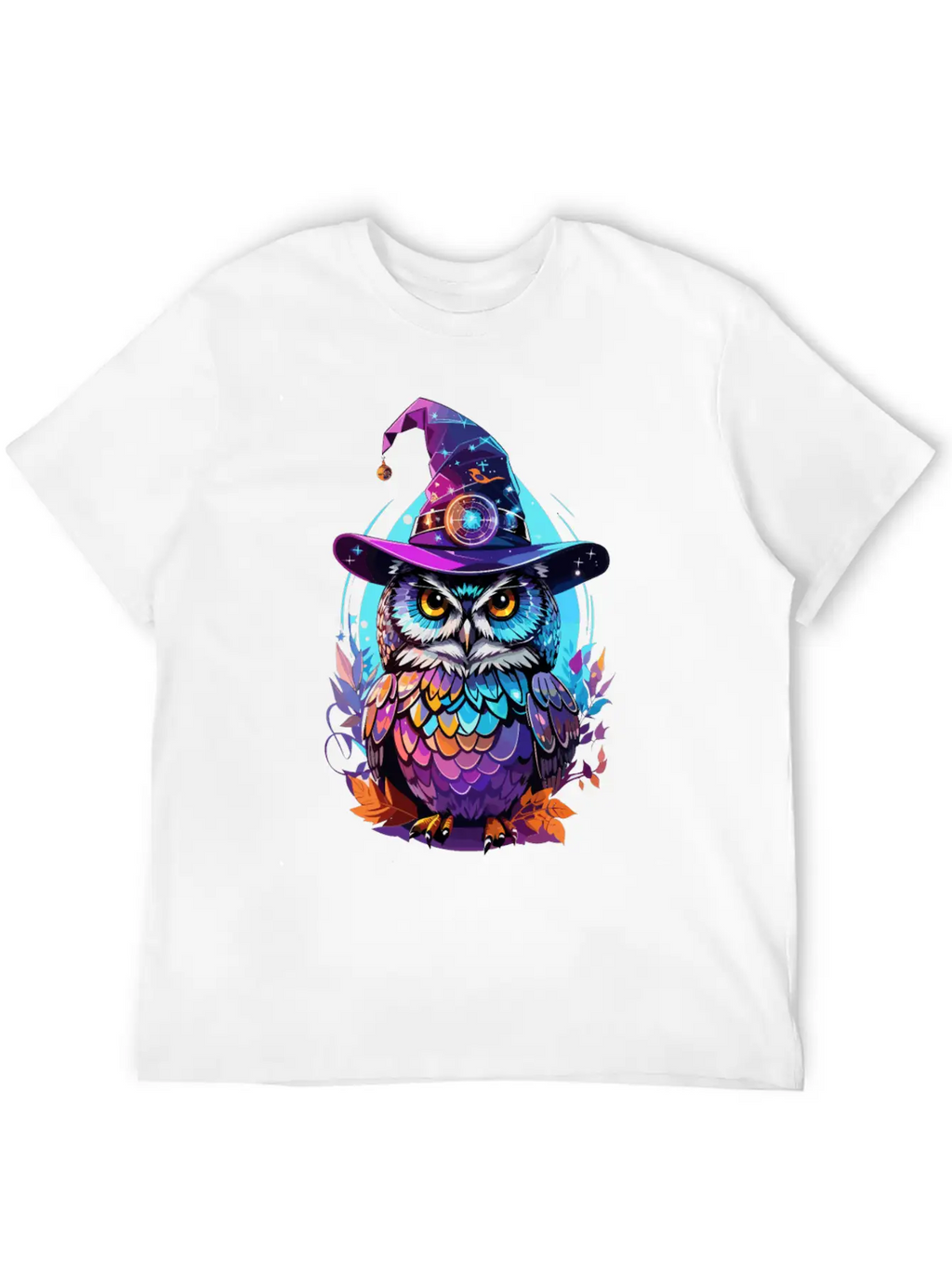 Holographic Owl In Witch Hat Funny Halloween Gift Stylish Everyday T-Shirt – Unisex Basic Cotton Tee