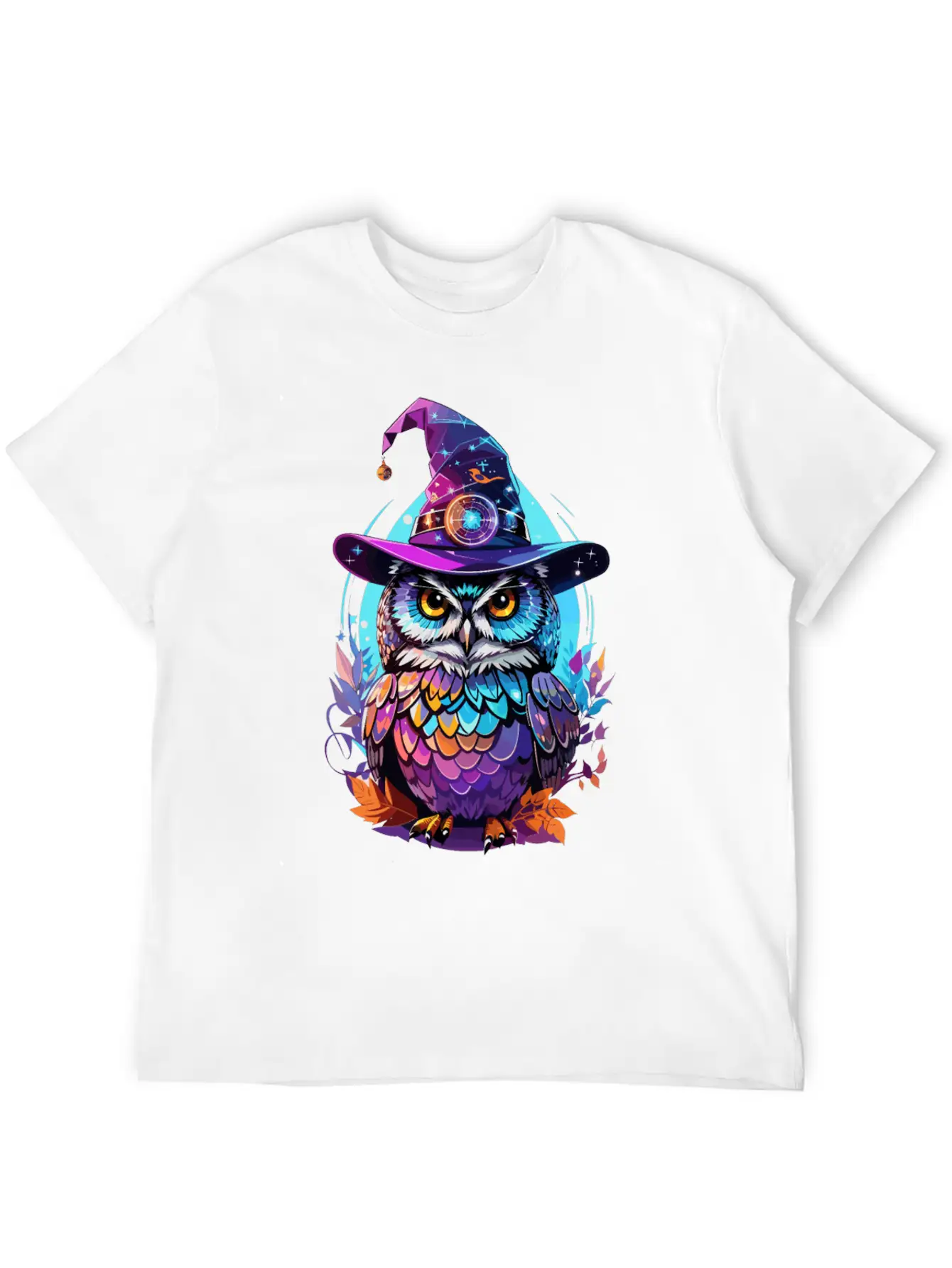 Holographic Owl In Witch Hat Funny Halloween Gift Stylish Everyday T-Shirt – Unisex Basic Cotton Tee