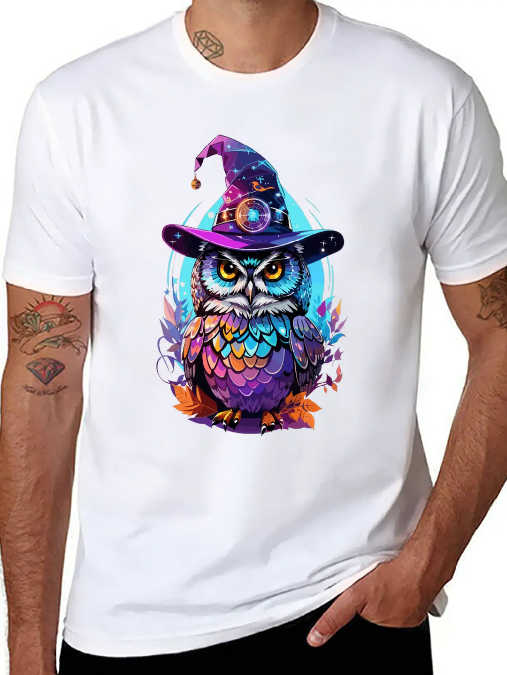 Holographic Owl In Witch Hat Funny Halloween Gift Stylish Everyday T-Shirt – Unisex Basic Cotton Tee
