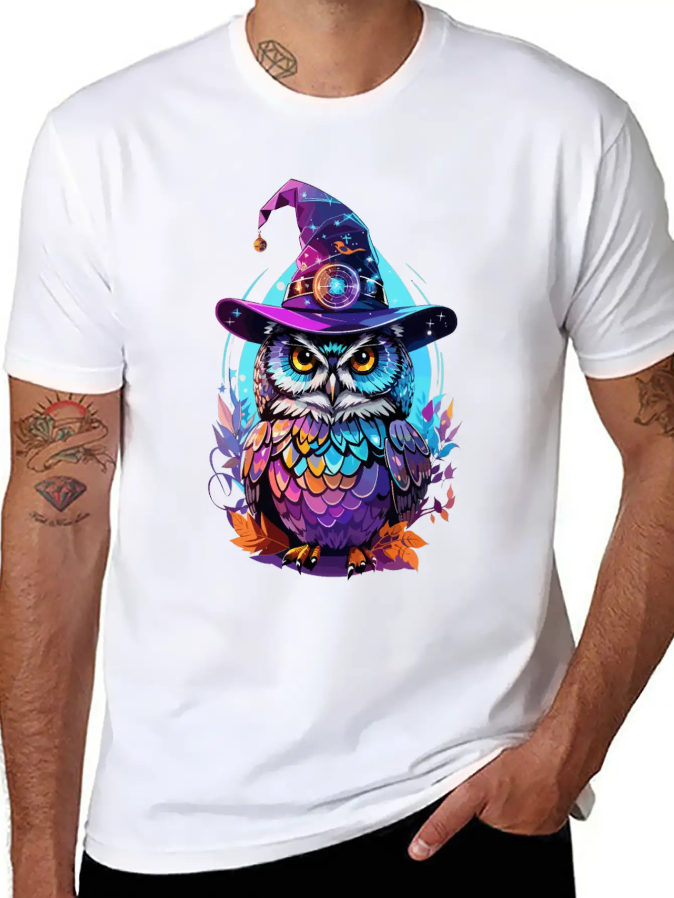 Holographic Owl In Witch Hat Funny Halloween Gift Stylish Everyday T-Shirt – Unisex Basic Cotton Tee