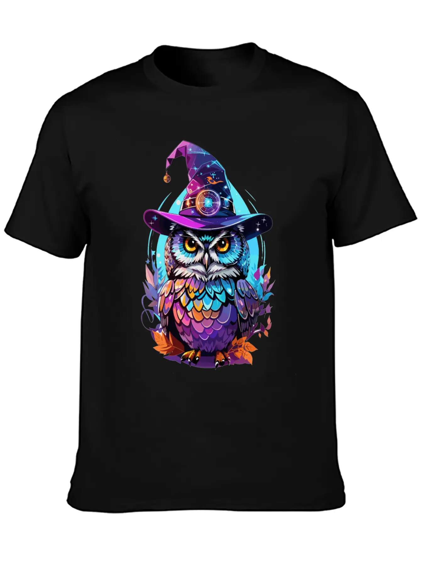 Holographic Owl In Witch Hat Funny Halloween Gift Stylish Everyday T-Shirt – Unisex Basic Cotton Tee