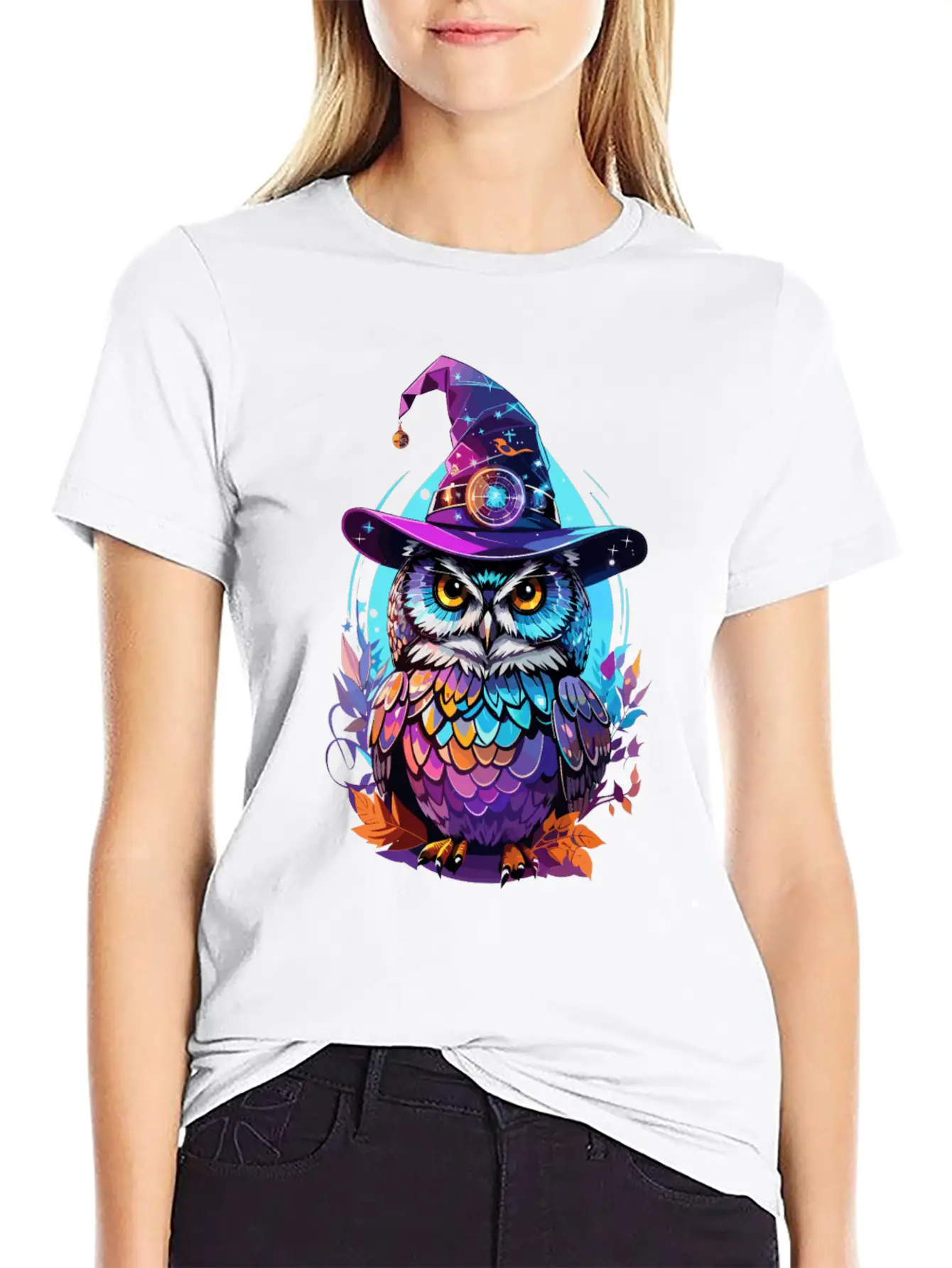 Holographic Owl In Witch Hat Funny Halloween Gift Stylish Everyday T-Shirt – Unisex Basic Cotton Tee