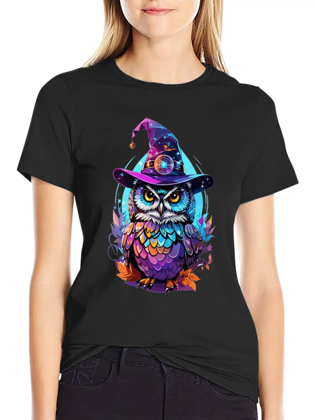 Holographic Owl In Witch Hat Funny Halloween Gift Stylish Everyday T-Shirt – Unisex Basic Cotton Tee