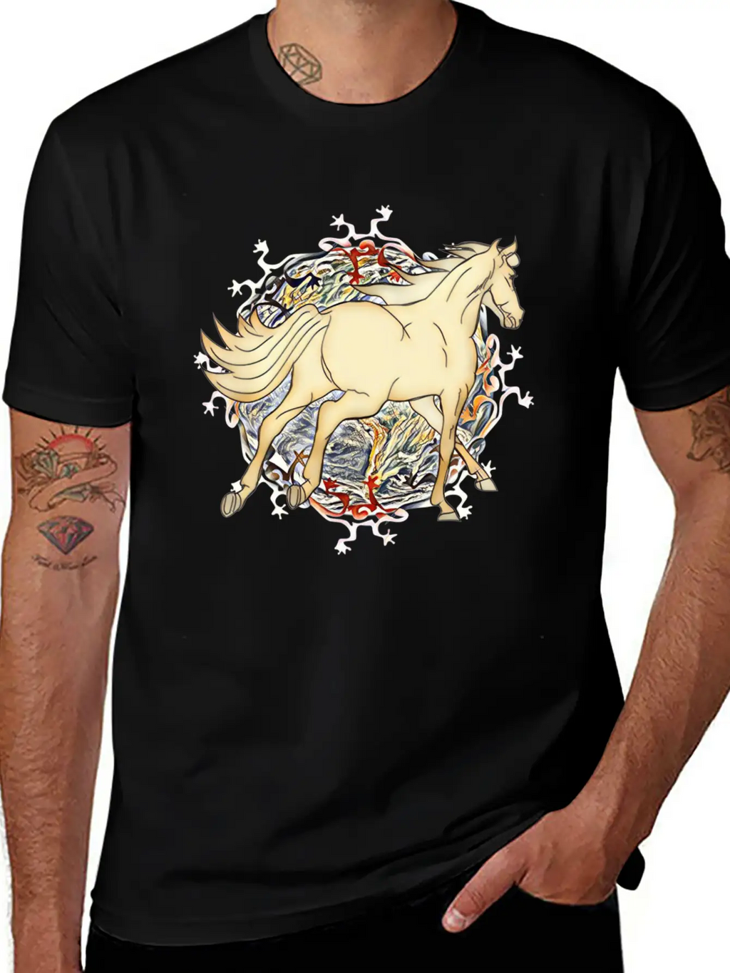 Horse - Magic Horse Motif Unisex Short Sleeve Soft Cotton T-Shirt – Casual Everyday Wear