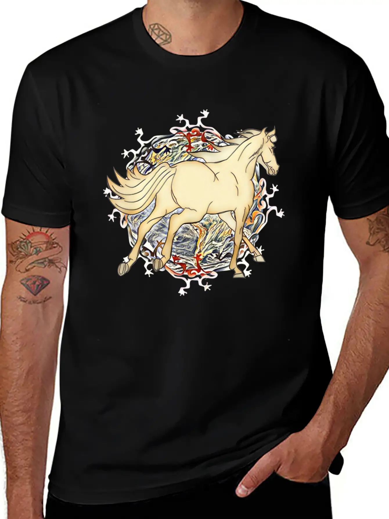 Horse - Magic Horse Motif Unisex Short Sleeve Soft Cotton T-Shirt – Casual Everyday Wear