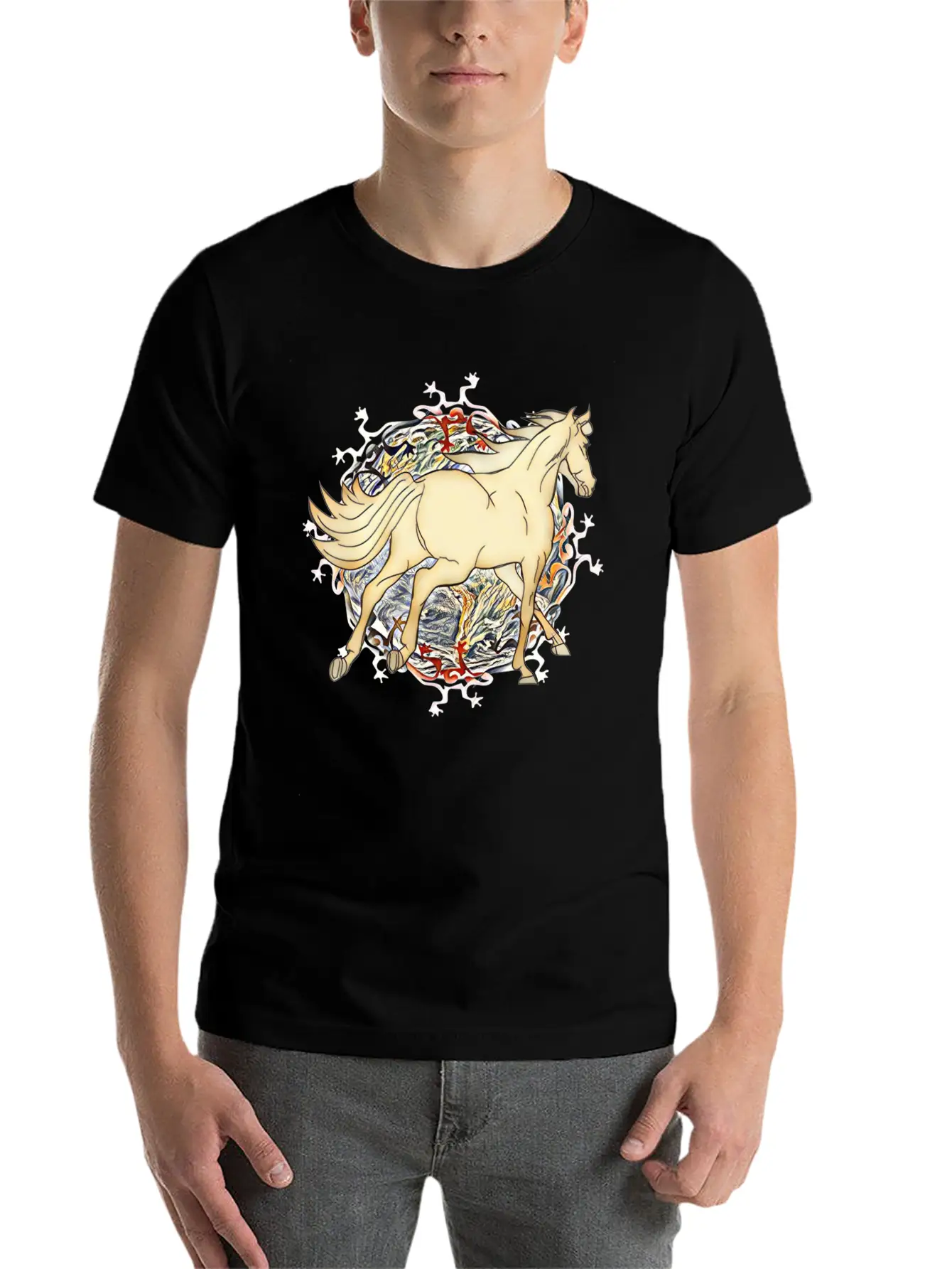 Horse - Magic Horse Motif Unisex Short Sleeve Soft Cotton T-Shirt – Casual Everyday Wear