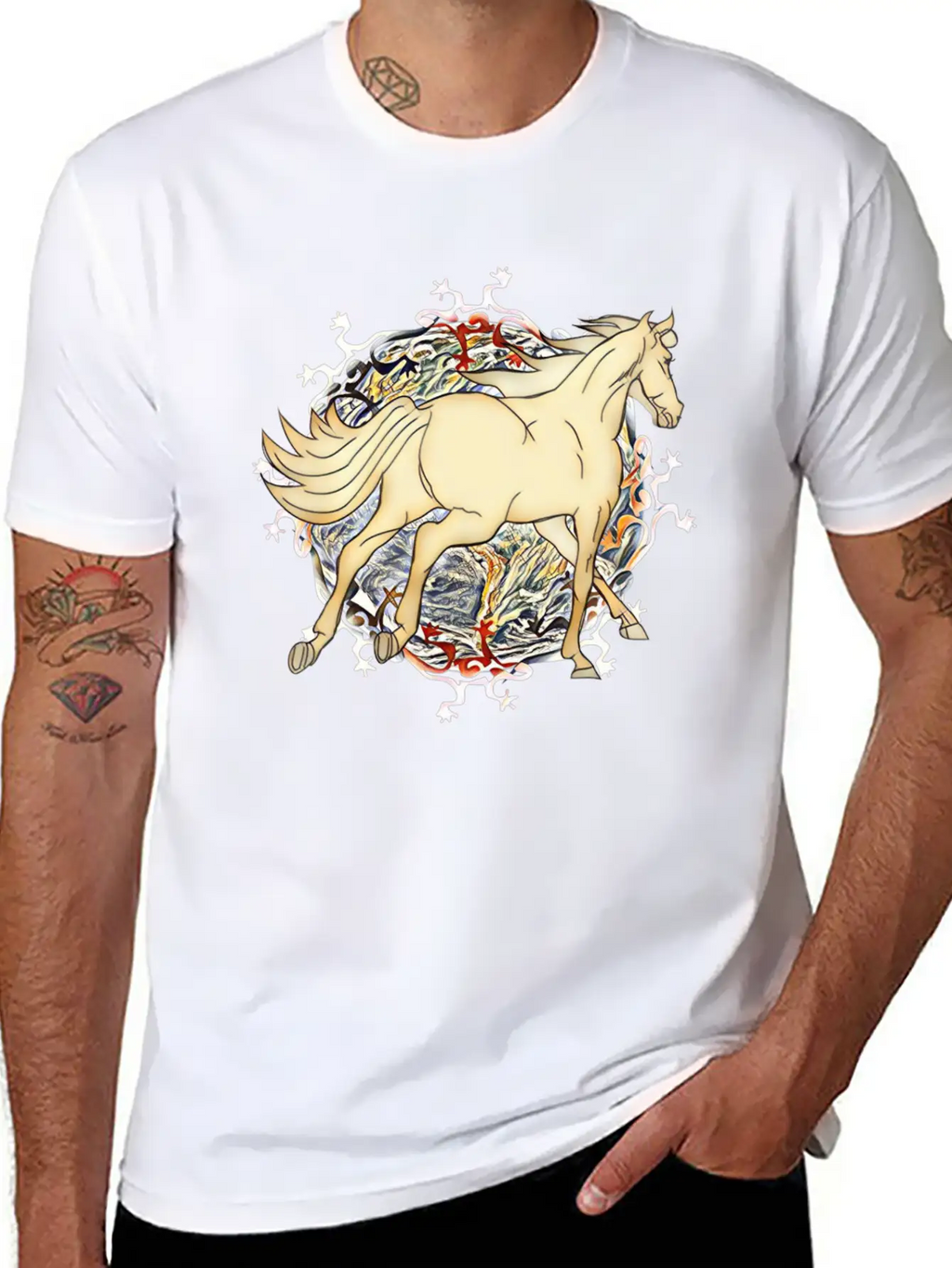 Horse - Magic Horse Motif Unisex Short Sleeve Soft Cotton T-Shirt – Casual Everyday Wear