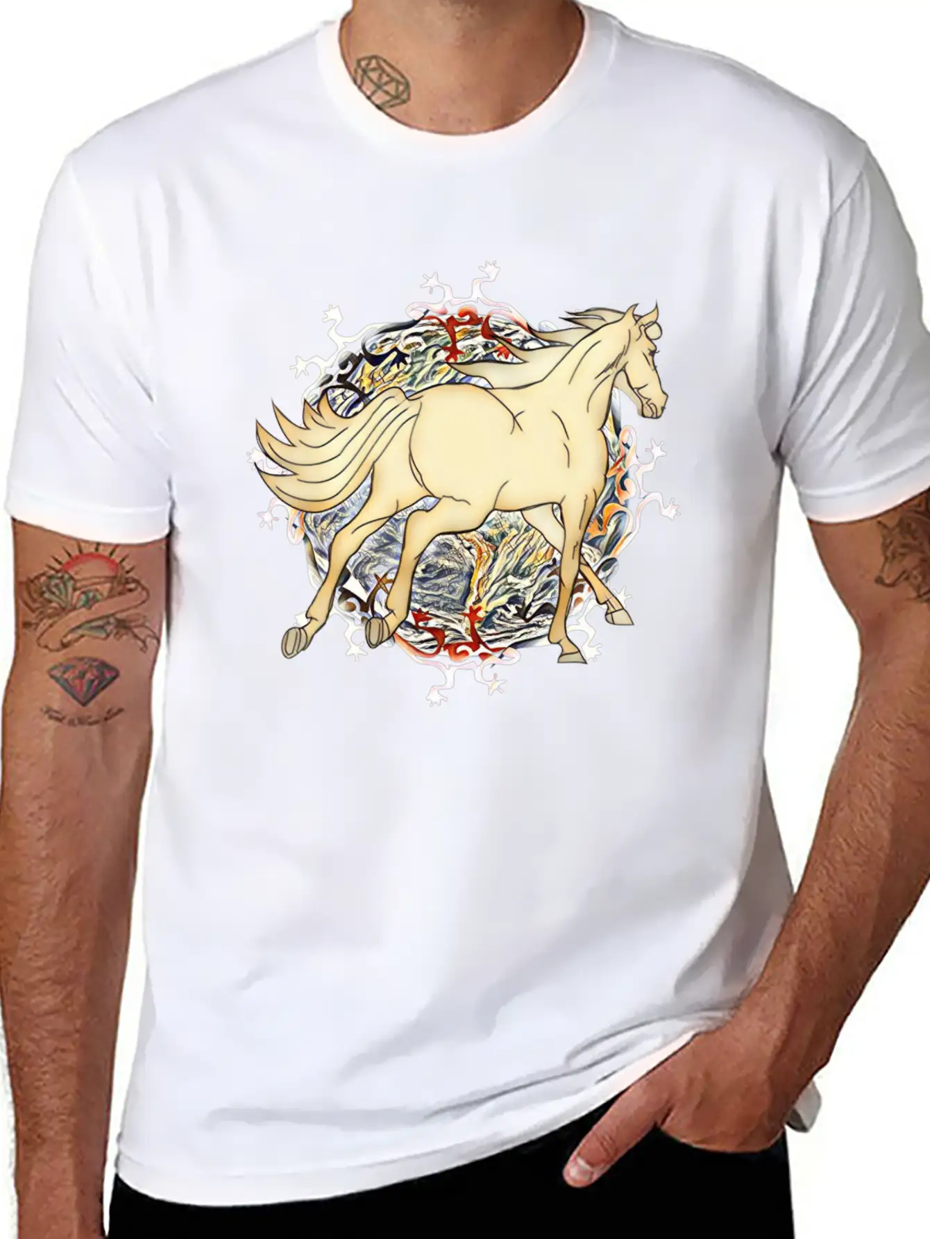 Horse - Magic Horse Motif Unisex Short Sleeve Soft Cotton T-Shirt – Casual Everyday Wear