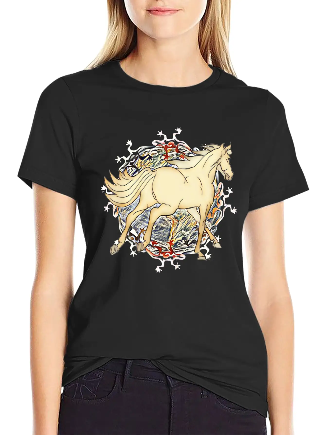 Horse - Magic Horse Motif Unisex Short Sleeve Soft Cotton T-Shirt – Casual Everyday Wear