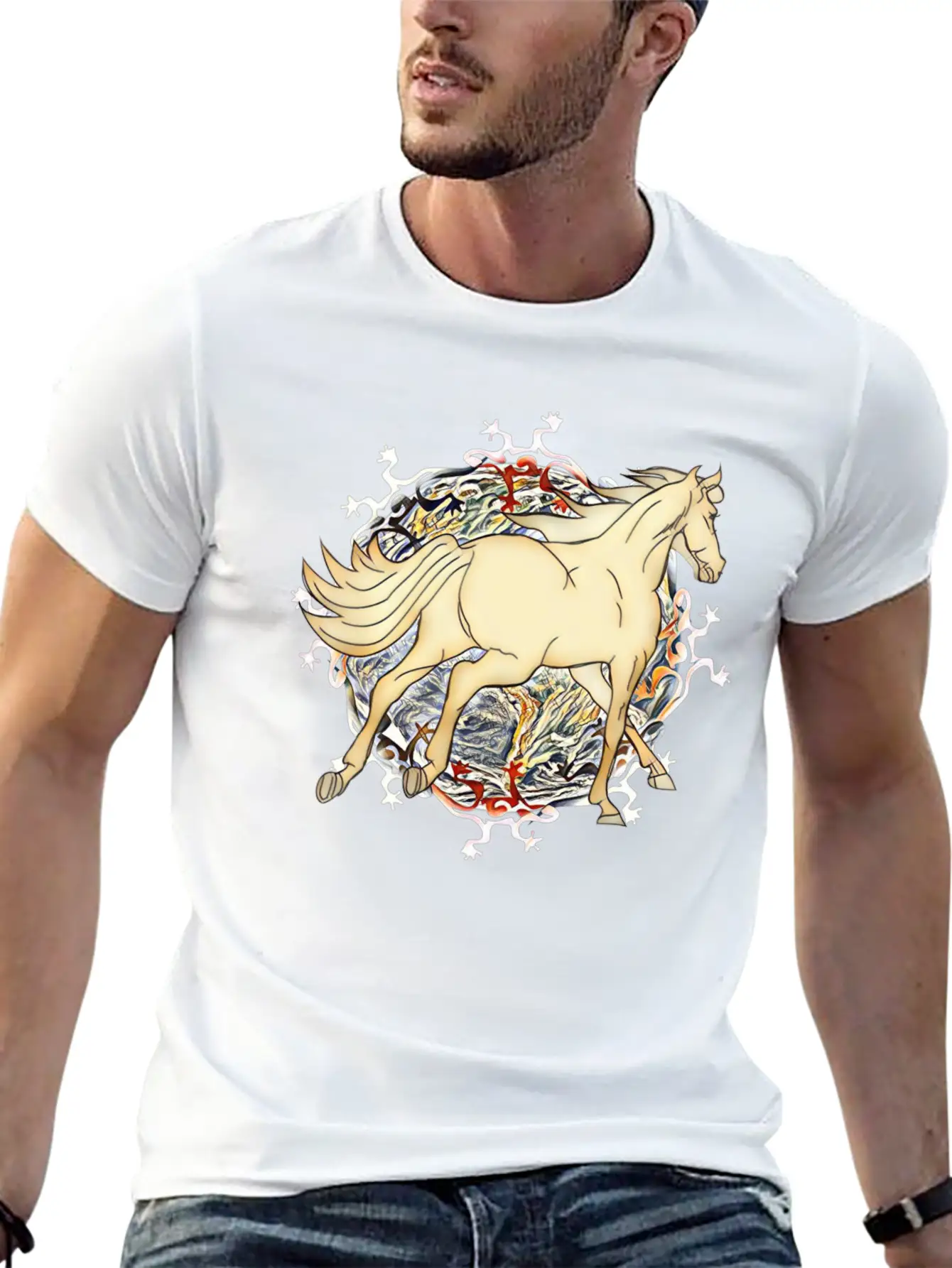 Horse - Magic Horse Motif Unisex Short Sleeve Soft Cotton T-Shirt – Casual Everyday Wear