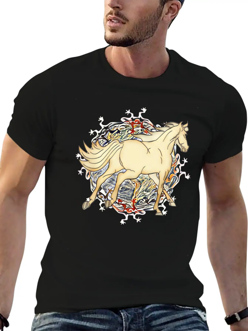 Horse - Magic Horse Motif Unisex Short Sleeve Soft Cotton T-Shirt – Casual Everyday Wear